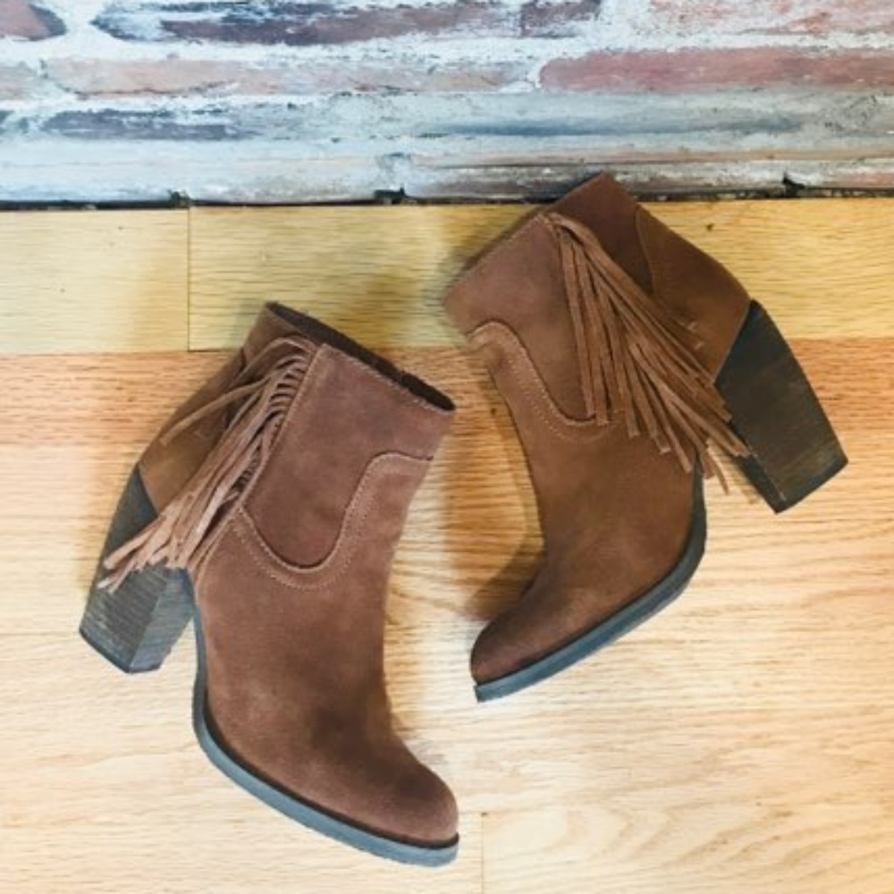Dark brown suede fringe booties